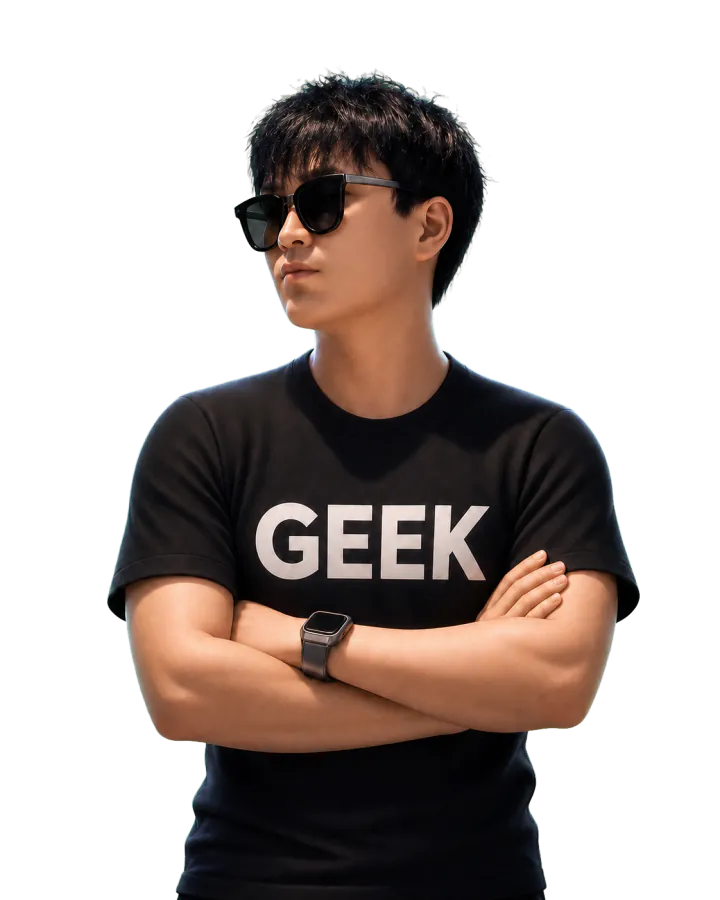 Yixiao 的透明背景 3D 卡通形象,佩戴墨镜并穿着黑色 GEEK T 恤