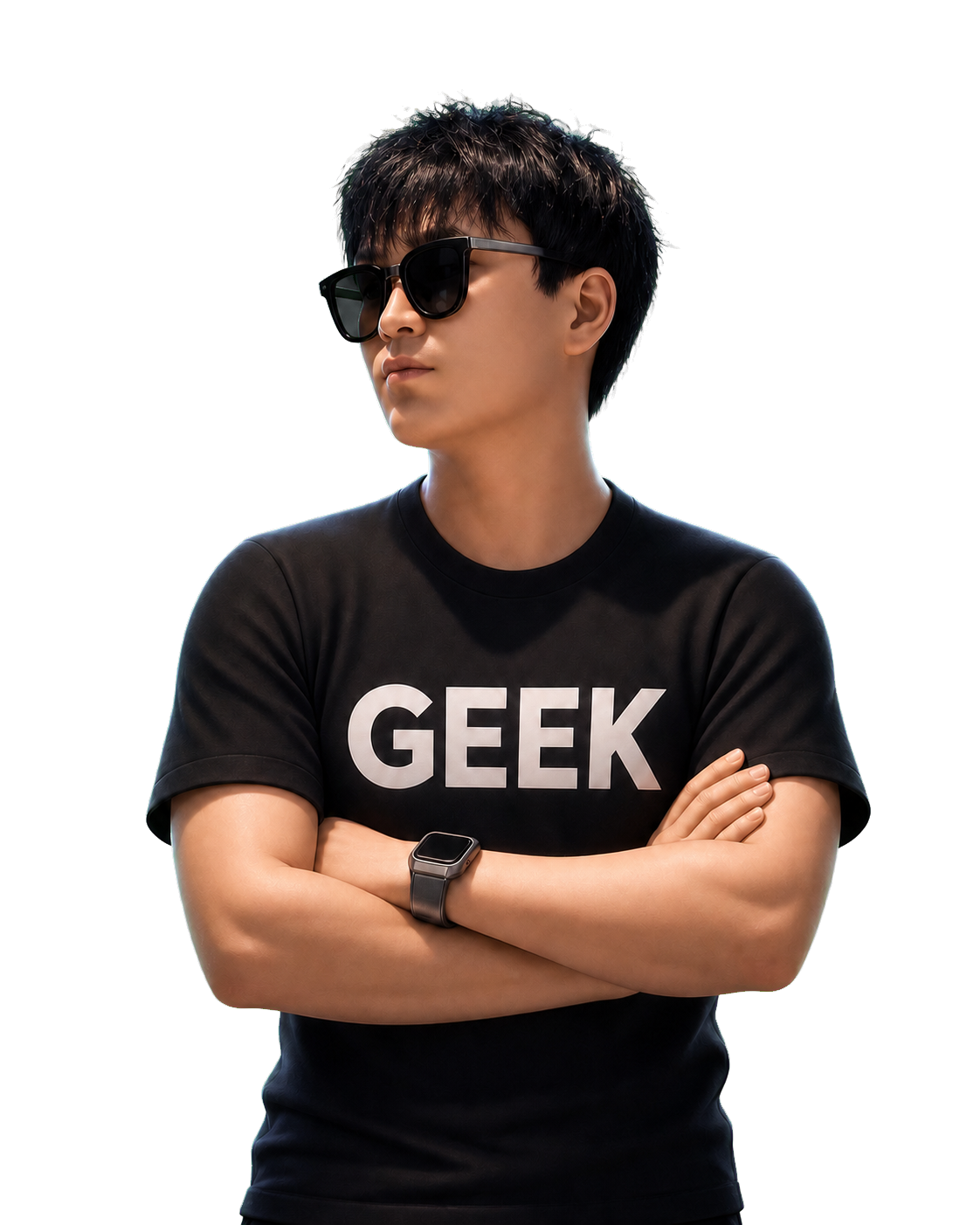 Yixiao 的透明背景 3D 卡通形象,佩戴墨镜并穿着黑色 GEEK T 恤